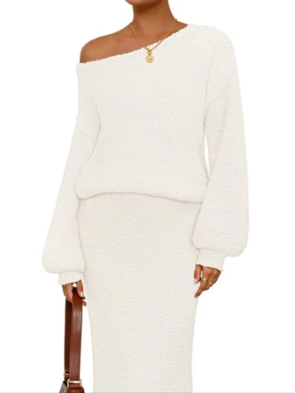 Merokeety Cozy Off-Shoulder Cream Knit Skirt Set Size Large NWT - Picture 3 of 9